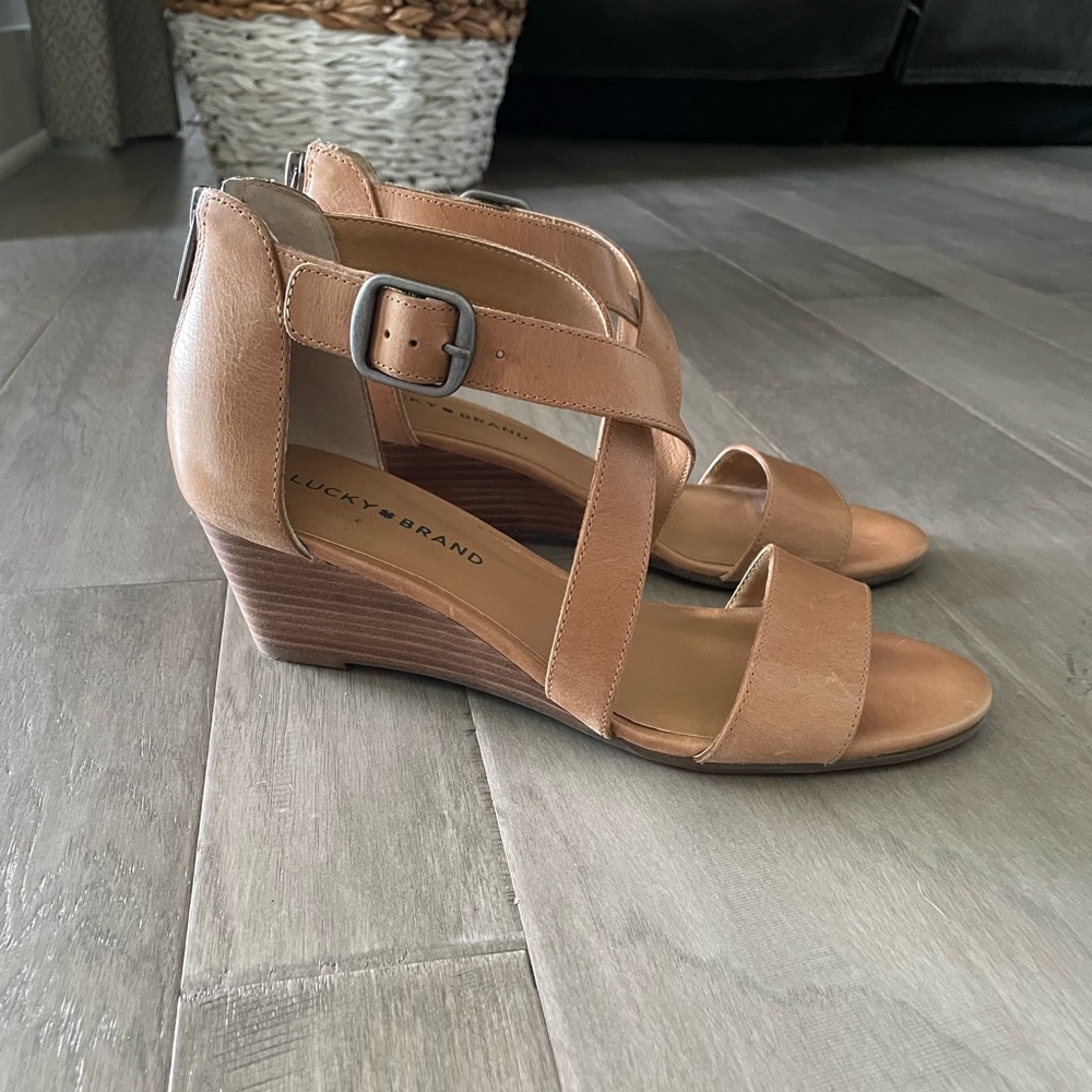 Lucky Brand tan wedges, size 8.5, wore once